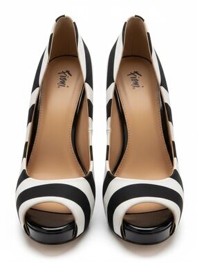 FIONI Clothing Black and White Striped Peep-Toe Pumps